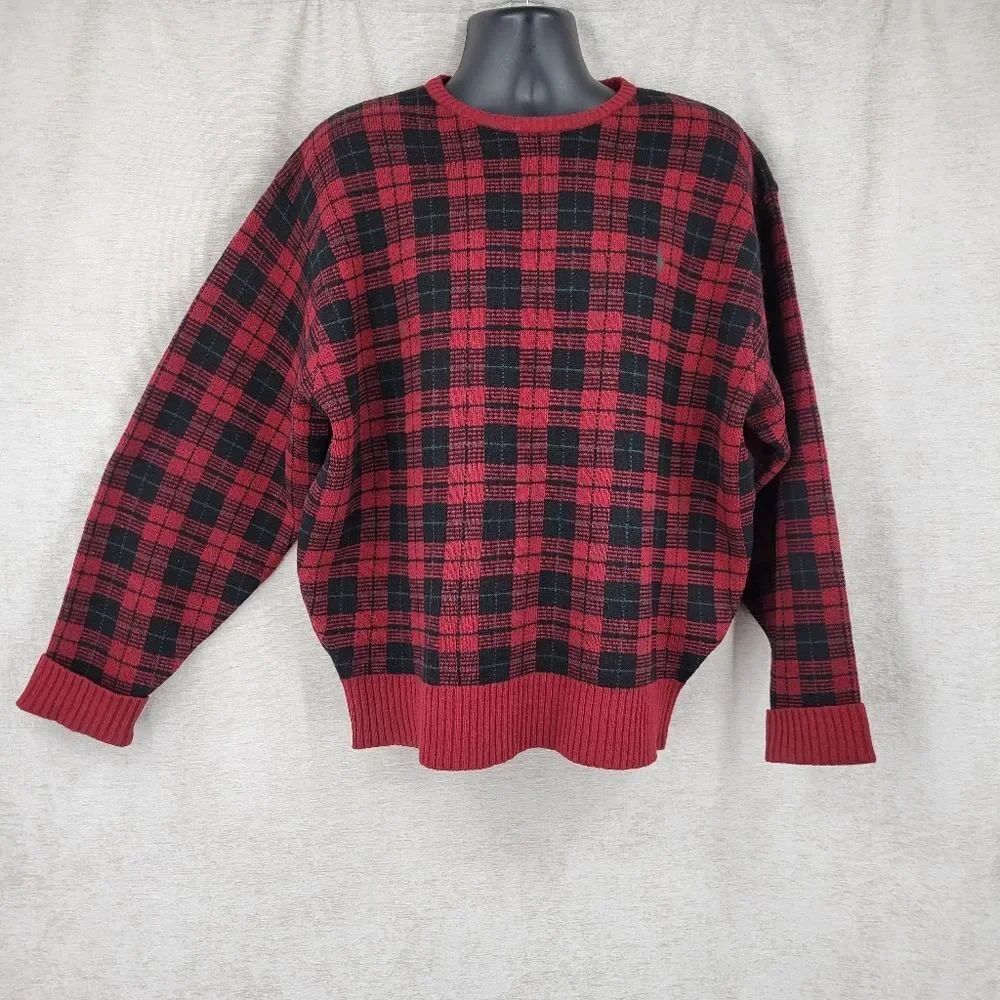 Polo Ralph Lauren Vintage 90s Red and Black Plaid Men's Wool Crewneck Sweater